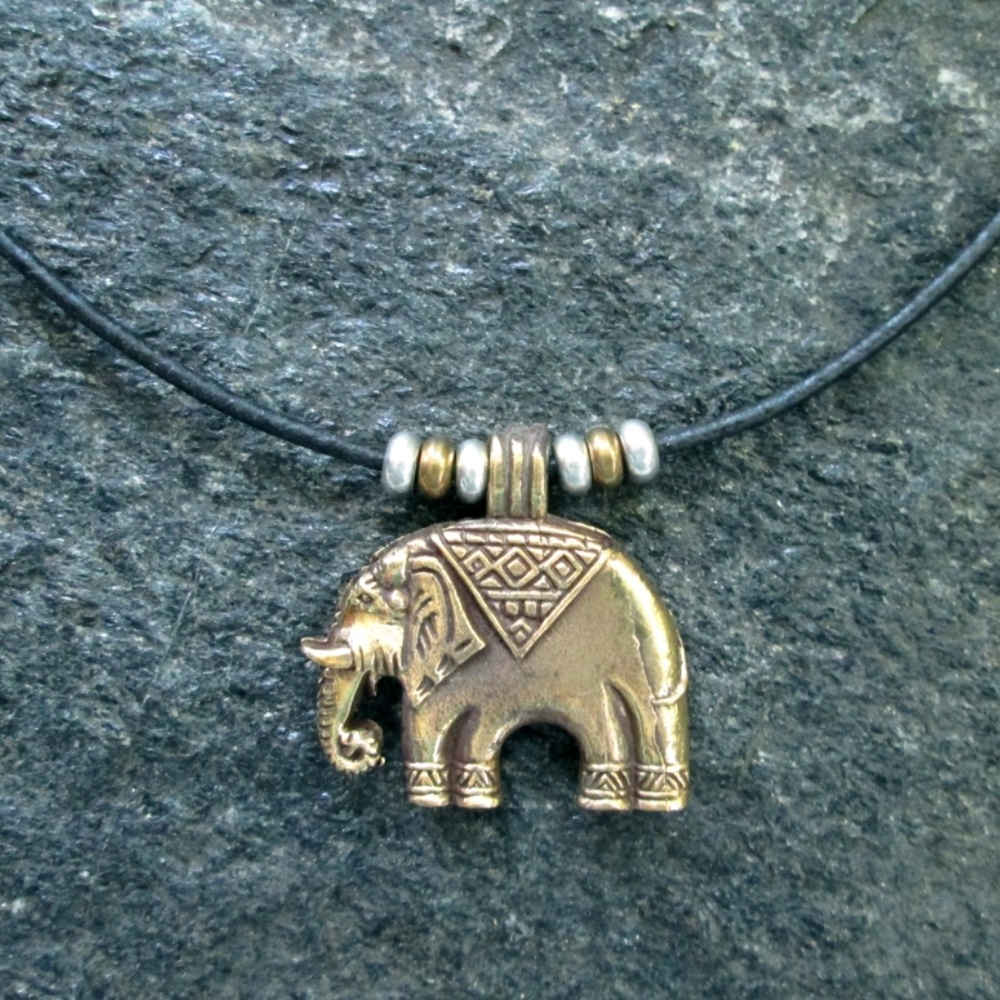 Men's Brass Elephant Necklace Black Leather Cord